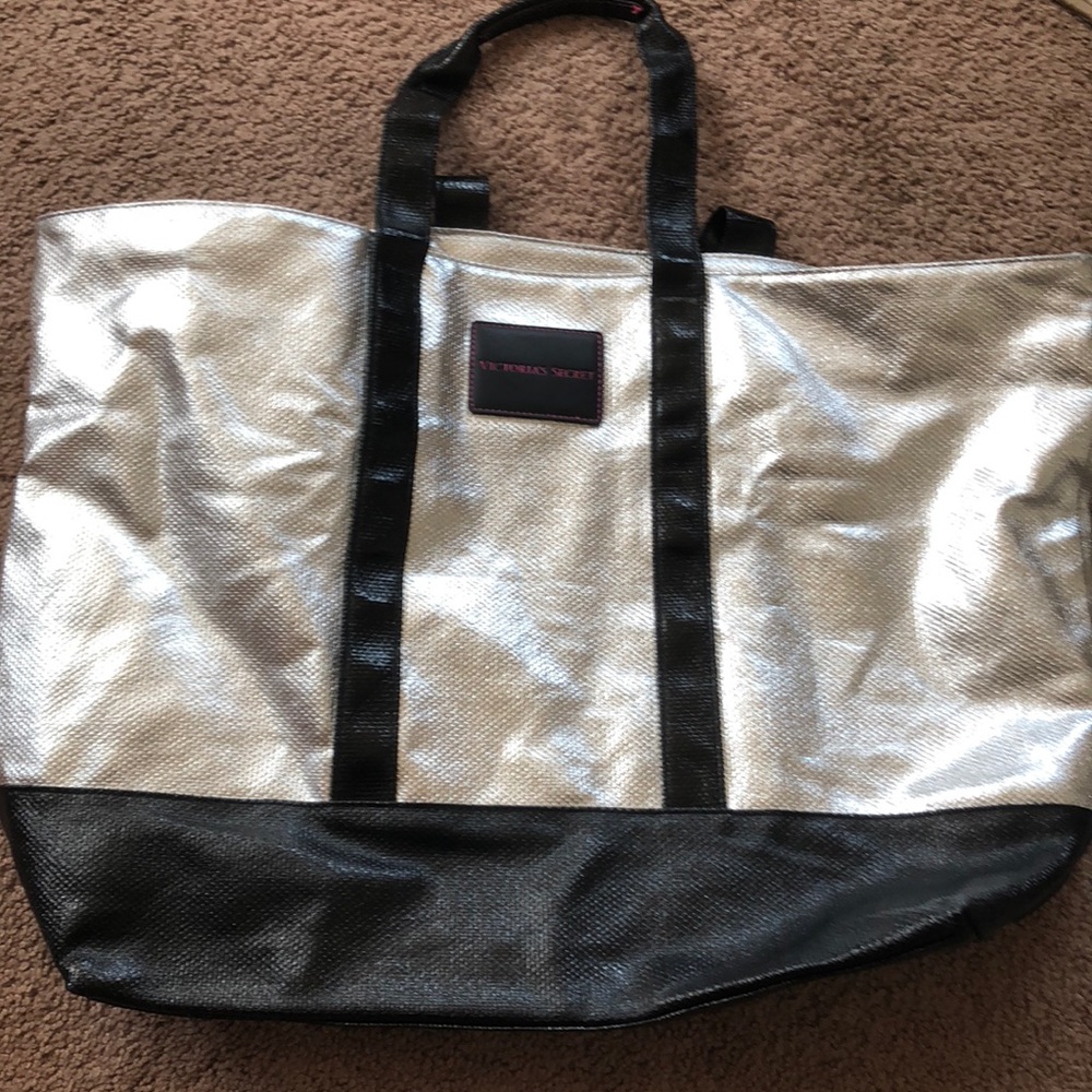 Victoria secret silver and black tote with zipper
